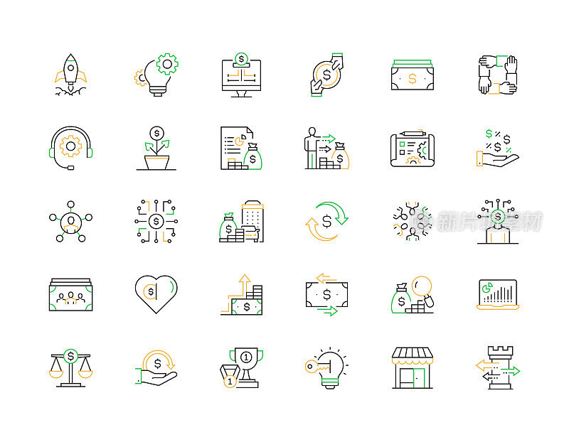 众筹相关矢量细线图标。大纲符号集合