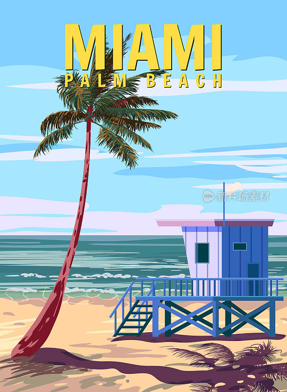 迈阿密海滩复古海报。海滩，棕榈，海岸，冲浪，海洋上的救生员的房子。矢量图的