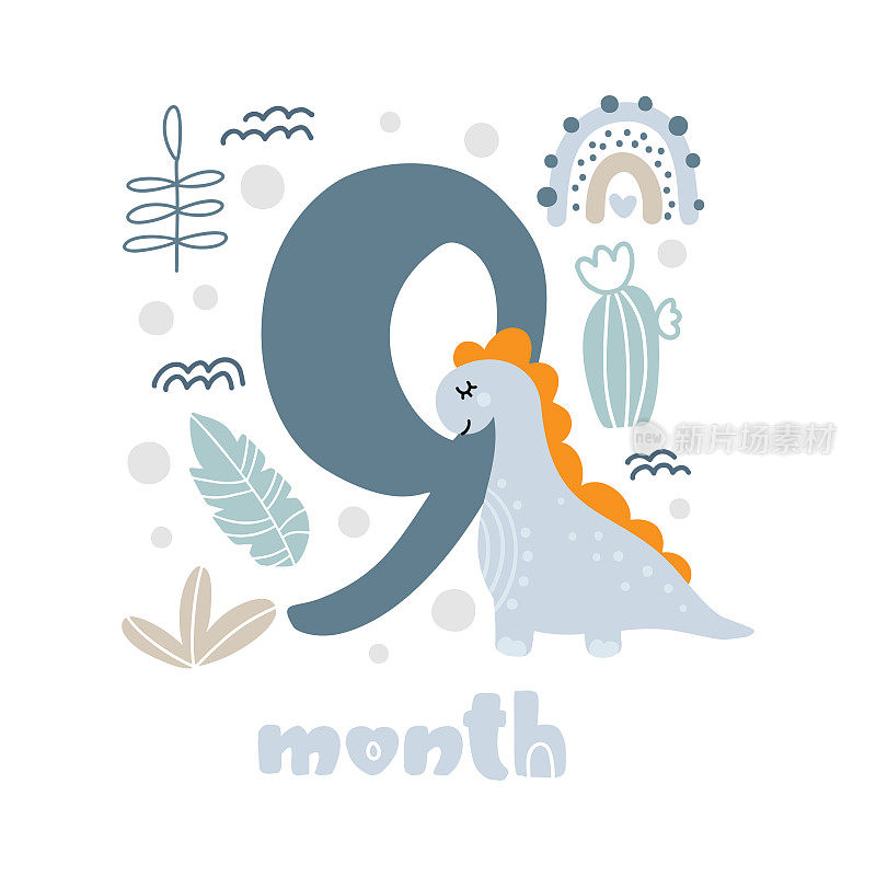 9九个月男婴周年纪念卡片量度。婴儿淋浴打印可爱的动物恐龙，花和手掌捕捉所有特殊的时刻。新生儿的婴儿里程碑卡