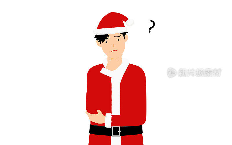 一个穿着圣诞老人服装的男人抱着双臂思考着。