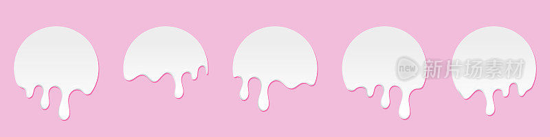 一套牛奶滴。滴牛奶。现实的融化的牛奶。牛奶滴。白色液体甜点，甜滴融化。矢量图