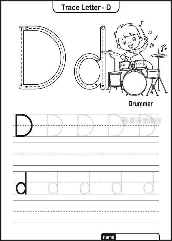 字母跟踪字母A到Z学龄前工作表与字母D鼓手亲矢量