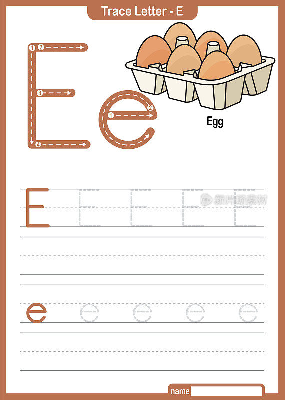 字母跟踪字母A到Z学龄前工作表与字母E蛋亲矢量