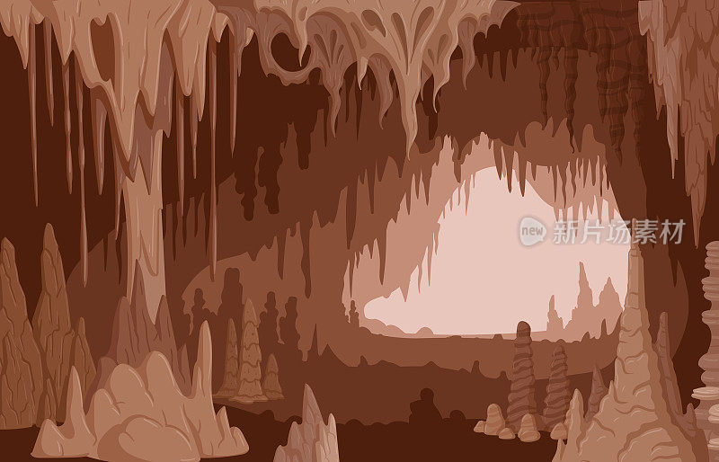 卡通洞穴，天然石灰石钟乳石和石笋。地质矿物形成，生长自然岩石平面矢量插图。岩洞灰岩地层视图