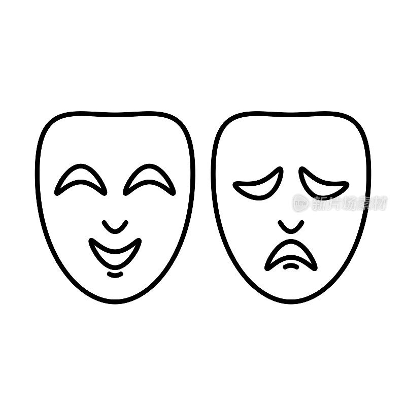 喜剧和悲剧戏剧的面具排成一行。在白色背景上遮罩图标。