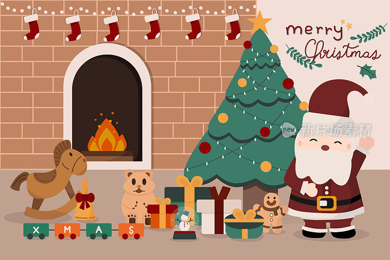 圣诞快乐和圣诞元素的插图，如壁炉，圣诞树，礼物。圣诞节季节矢量插图。