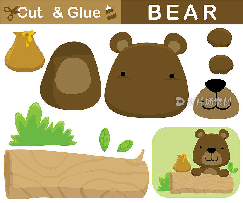 可爱的熊和蜂蜜罐在树桩。儿童教育用纸游戏。切割和粘合。矢量卡通插图