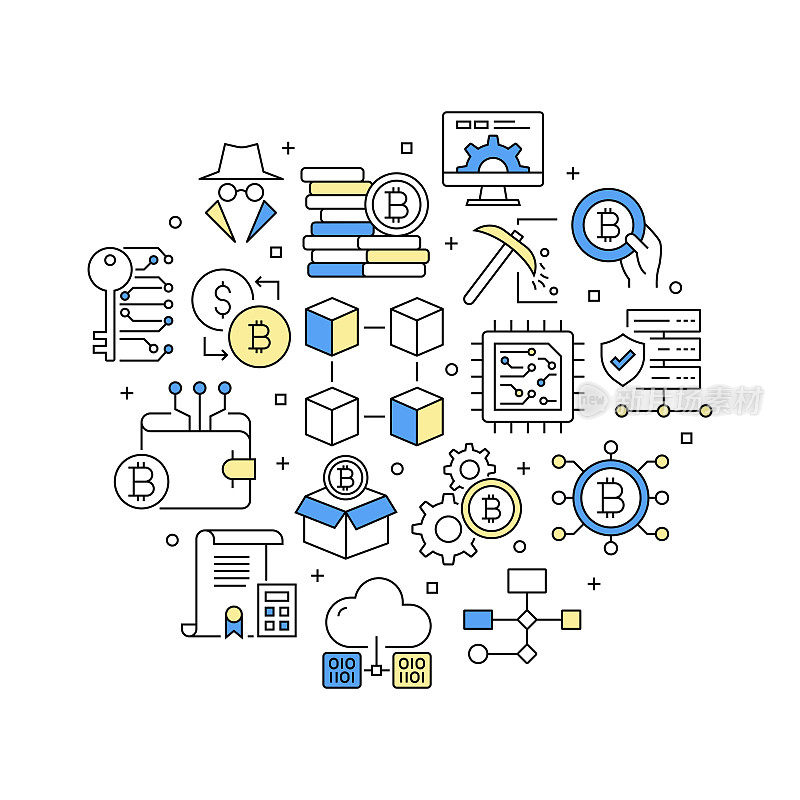 区块链相关矢量横幅设计概念，现代线条风格与图标