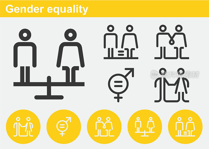 性别平等，平等权利，女人，男人，平衡，性符号，关系，女商人，自我表达，人权。网页设计，平面设计，简单的标志矢量插图。最小线条图标