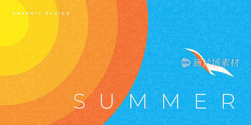 抽象最小的夏季水平海报，封面，横幅，卡片与明亮的太阳在蓝天和现代排版。暑假、旅行、度假旅游插画。促销广告设计模板