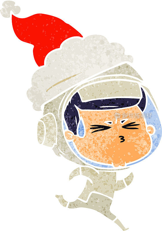 手绘的复古卡通，一个宇航员戴着圣诞老人的帽子
