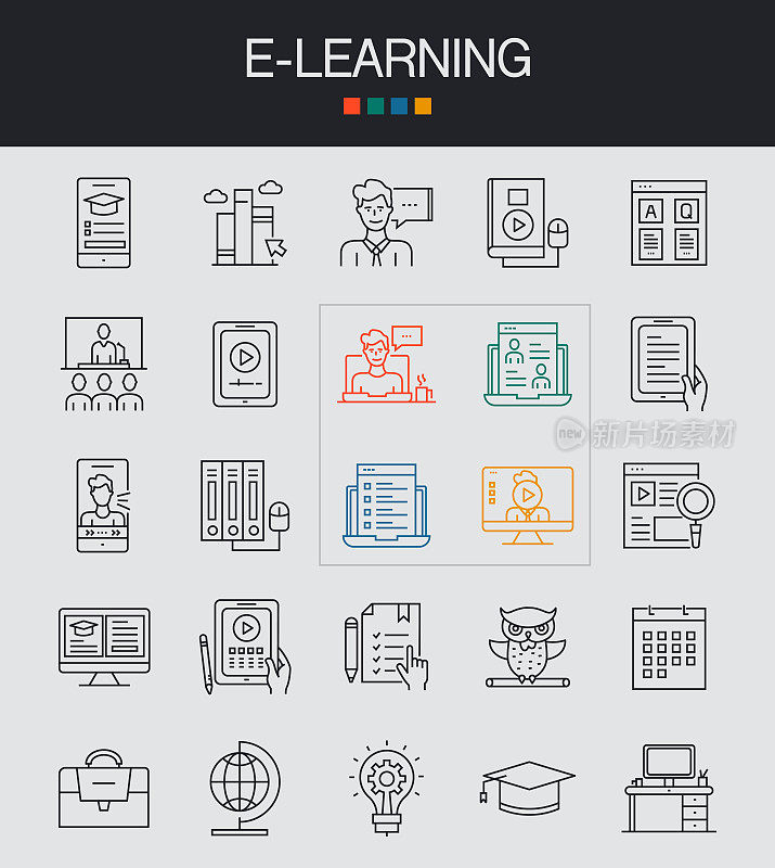 电子学习线图标可编辑笔画。理念，电子书，远程教育，网络研讨会，证书，知识，教程