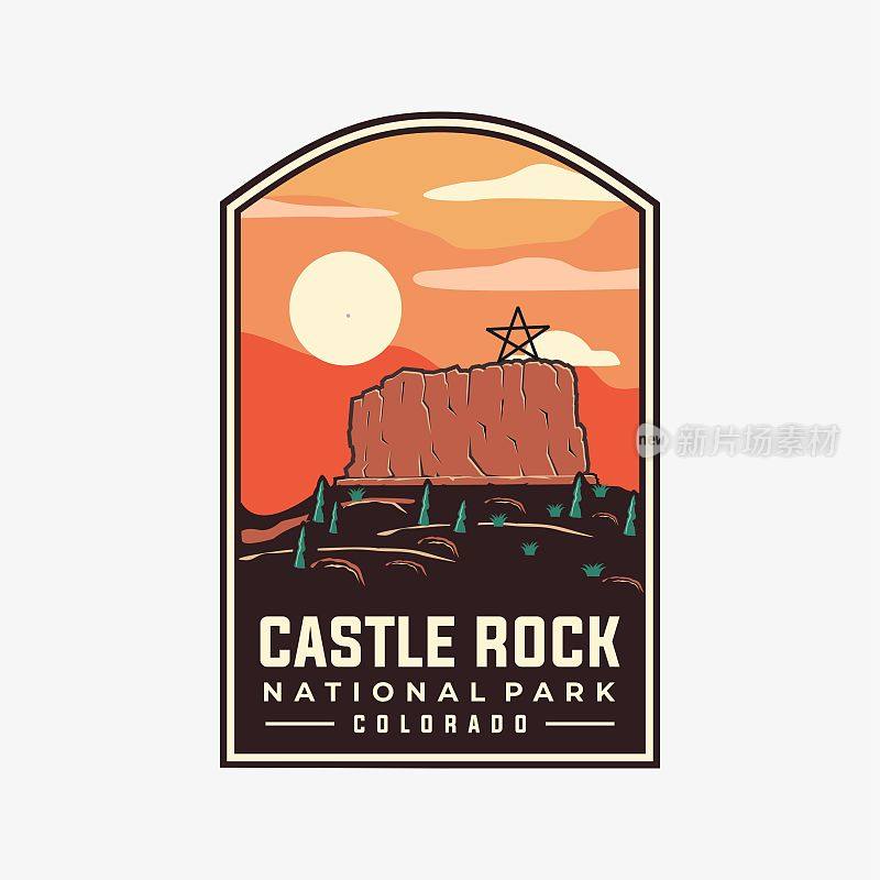 城堡岩石州立公园徽章矢量模板。科罗拉多州标志性的标志补丁风格的插图。