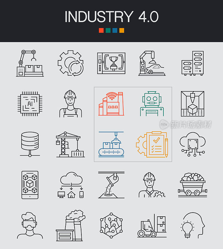 工业4.0线图标可编辑笔画。自动化，大数据，人工智能，机器学习，连接，电力，汽油