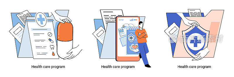 医疗保健方案、在线医疗服务、保障医疗、医疗保险、远程医疗隐喻