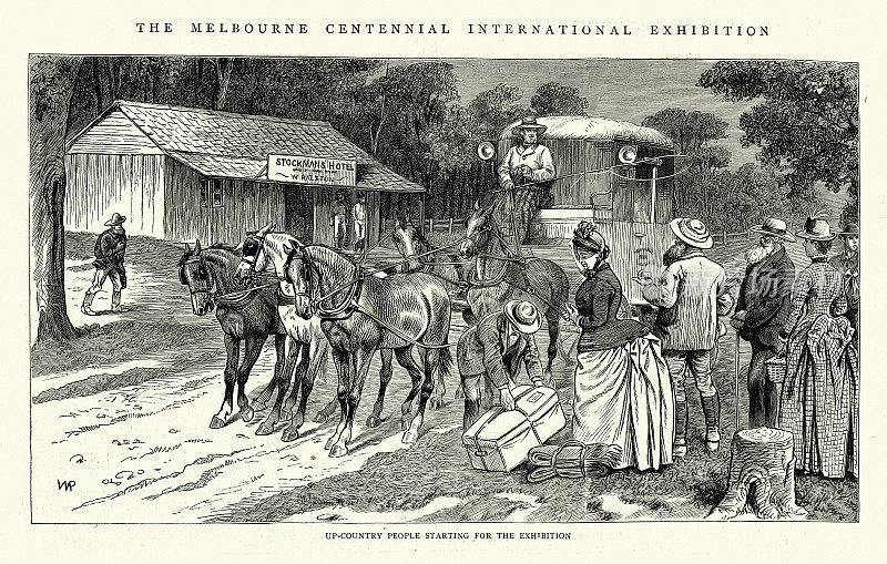 墨尔本百年纪念展览，向上国家的人，舞台马车，内陆酒店，澳大利亚，1888年，19世纪