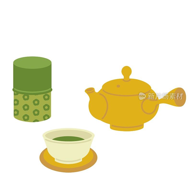 茶壶、热水杯和茶罐插图