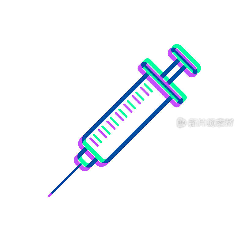 注射器。图标与两种颜色叠加在白色背景上