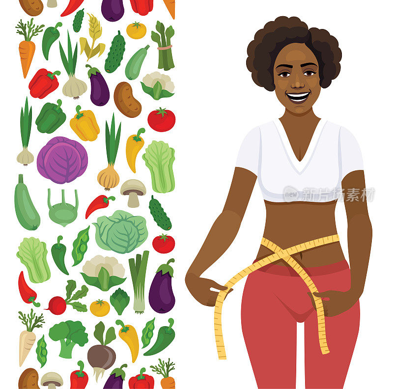 健康女人和蔬菜。年轻的非裔美国妇女量腰。蔬菜无缝图案。健康食品。自然的产品。有机蔬菜。美丽的女人。
