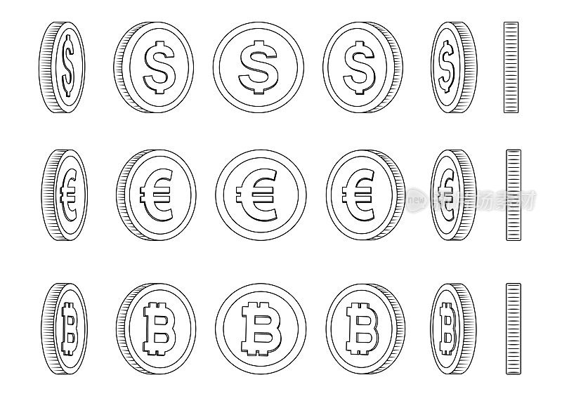 一套旋转硬币，美元，欧元和比特币。画线。