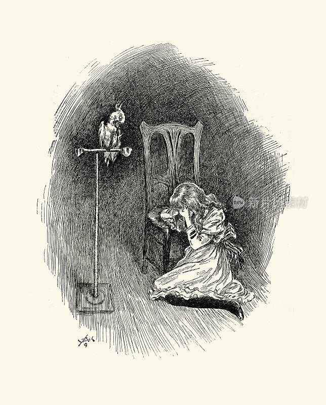 19世纪维多利亚时代，小女孩在她的宠物鹦鹉的注视下哭泣