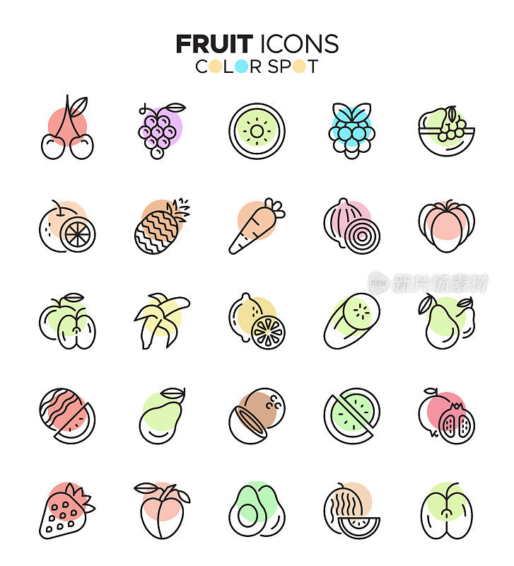 水果-细线矢量色点图标集-像素完美，可编辑的笔触-蔬菜，西瓜，橙子，香蕉，梨，菠萝，葡萄，苹果，草莓，椰子，健康的生活方式，吃