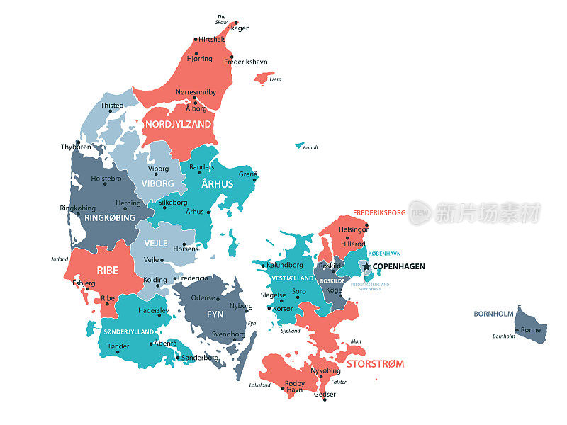 丹麦地图。矢量彩色丹麦地图