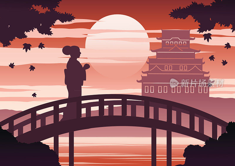 日落时分，日本女子身着和服站在城堡附近的桥上，而枫落时，剪影光影设计