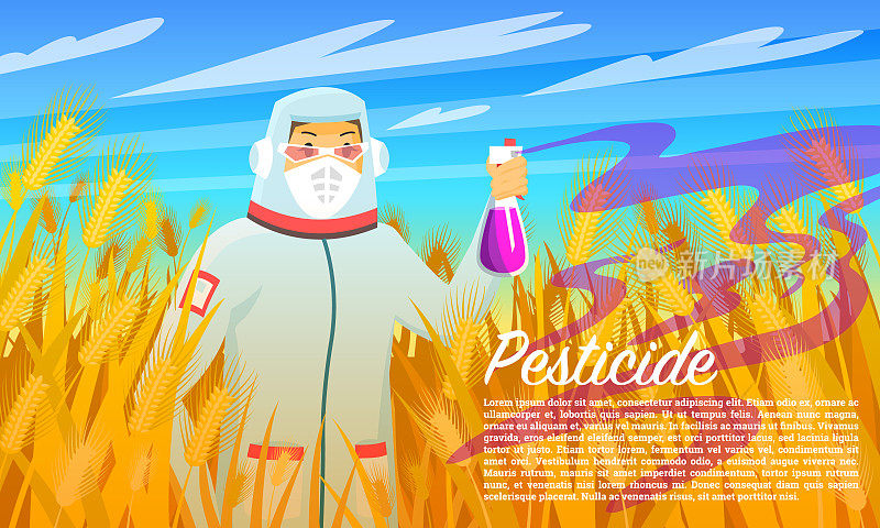 农民喷洒农药和化学品，处理麦田里的昆虫。穿着防护服，戴口罩和呼吸器的人。环境污染。生态问题的概念