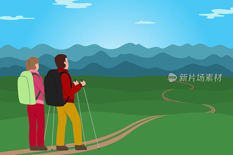 两名游客遥望远方。徒步旅行。山路。矢量图