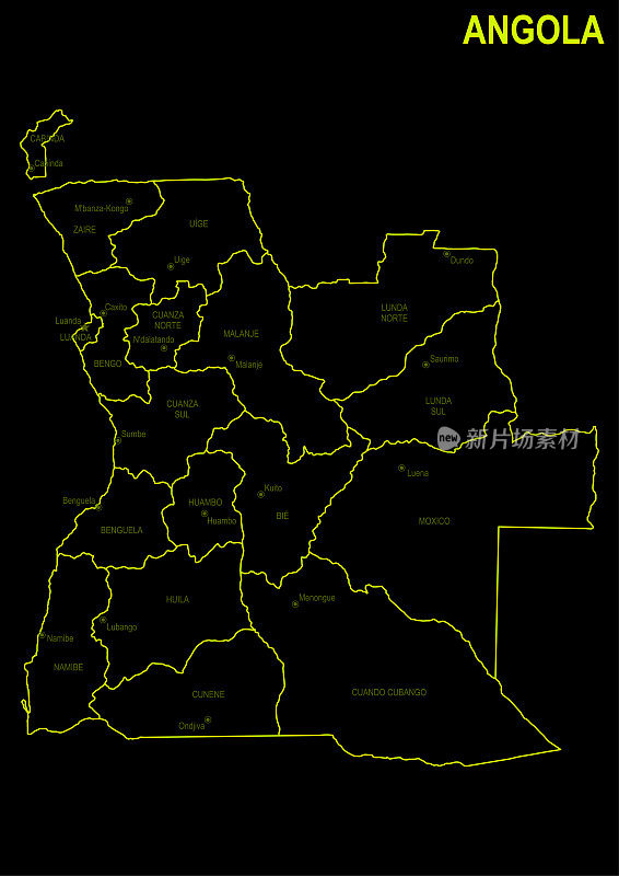 黑色背景下的安哥拉霓虹地图