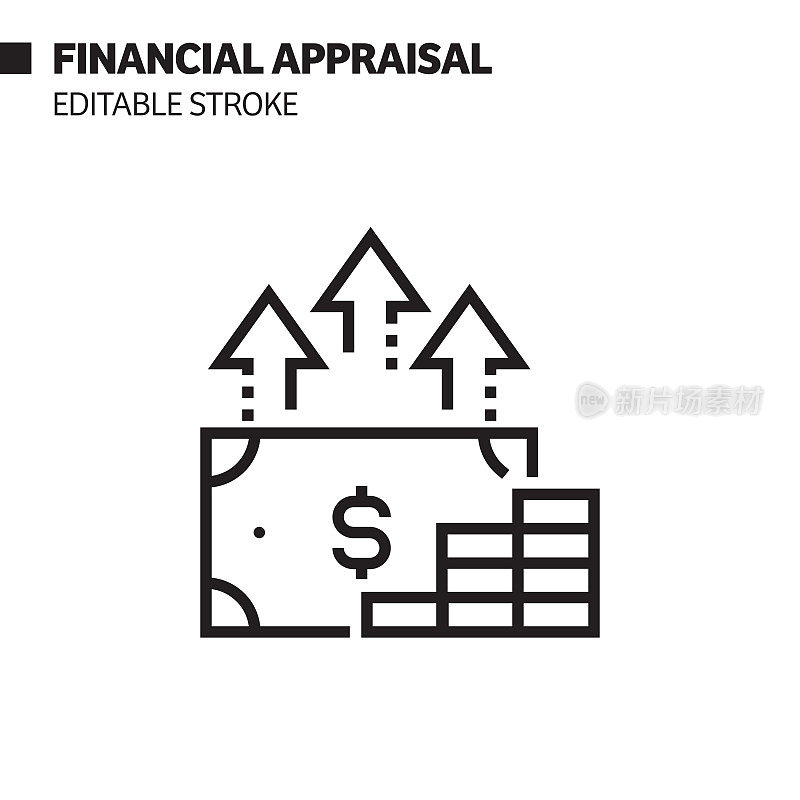财务评估线图标，轮廓向量符号插图。完美像素，可编辑的描边。