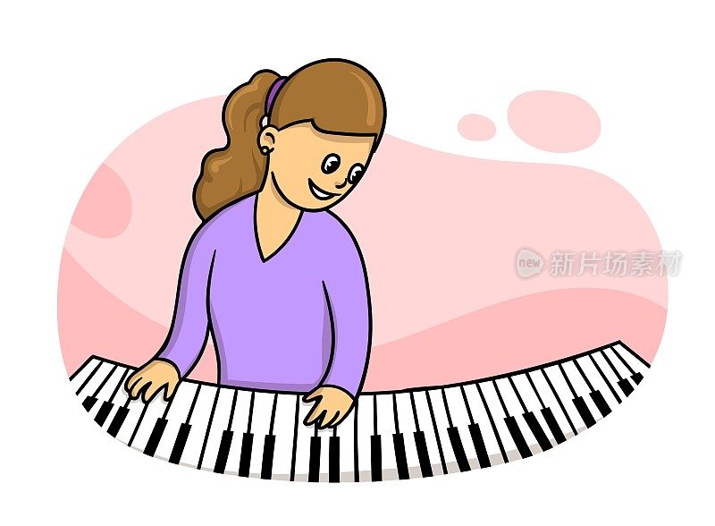 穿着紫色衣服正在弹钢琴的女人。音乐老师练习。平面矢量插图，孤立在白色背景上。