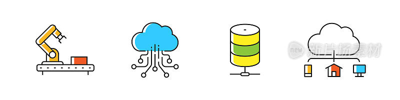 工业4.0相关矢量线图标。大纲符号集合。