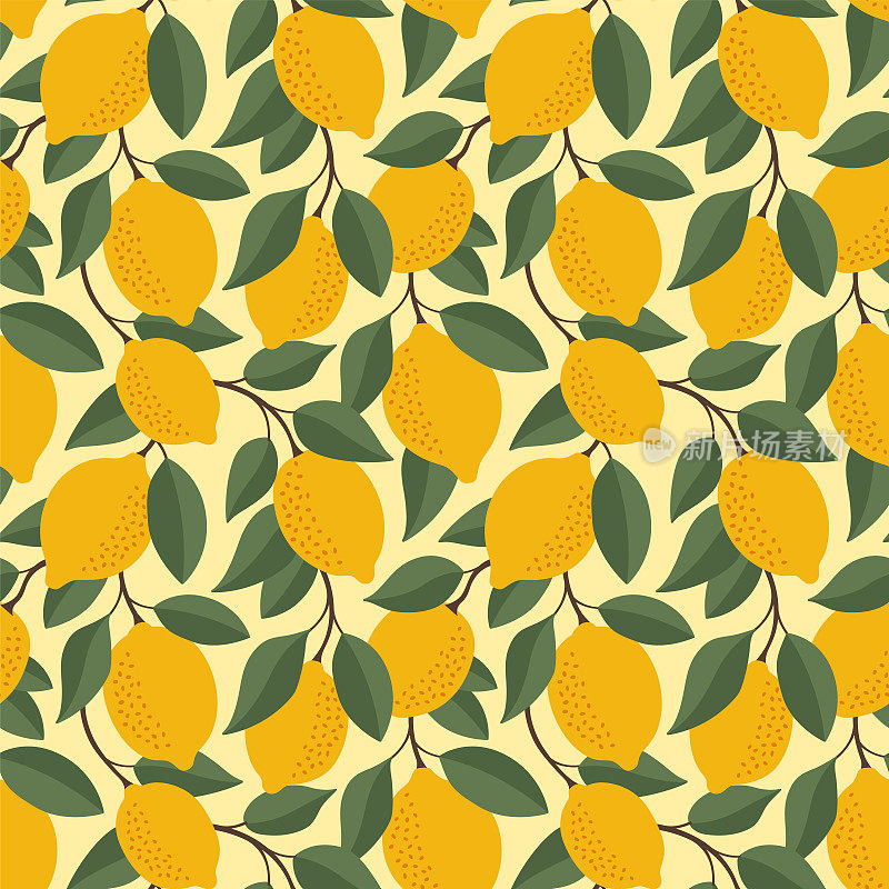 热带无缝模式与黄色柠檬。水果重复背景。矢量明亮印花织物或墙纸。