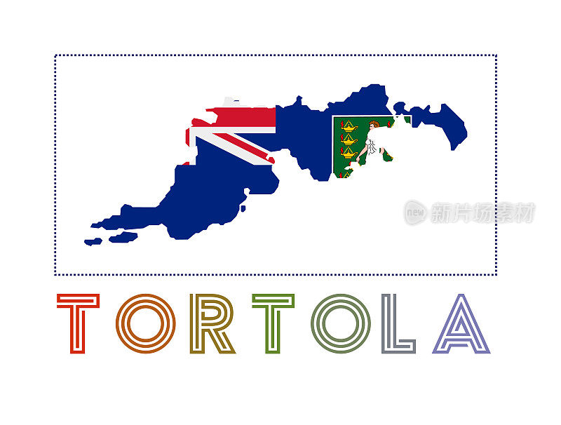 托托拉岛的标志。有岛名和旗的托尔托拉岛地图。