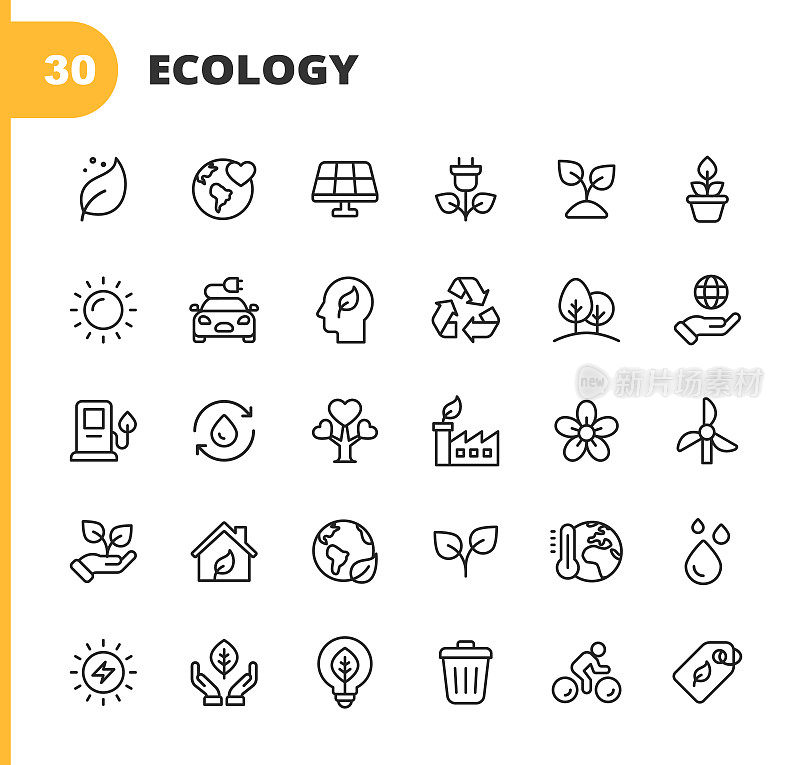 生态和环境线条图标。可编辑的中风。像素完美。移动和网络。包含如树叶，生态，环境，灯泡，森林，绿色能源，农业，水，气候变化，回收，电动汽车，太阳能等图标。