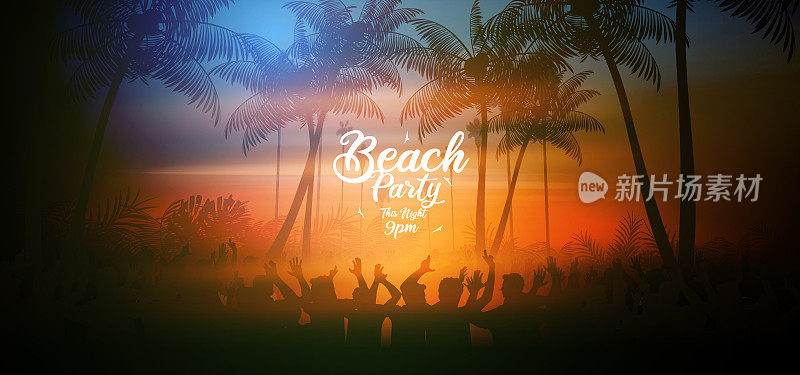 夏季海滩派对海报与热带海滩在晚上