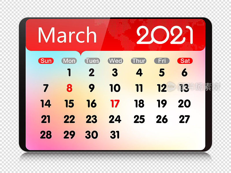 矢量2020年3月日历上的数字平板隔离
