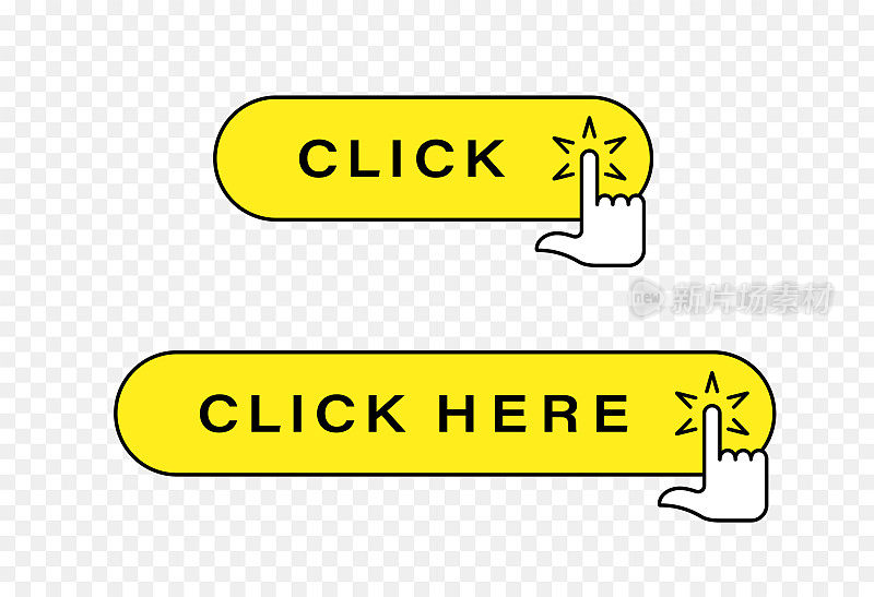 点击这里矢量网页按钮。独立的网站购买或注册黄色栏图标用手指点击光标购买或注册设计模板。矢量插图。