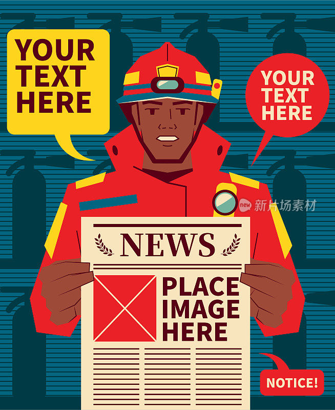 严肃英俊的非裔美国消防员在气候前线拿着报纸展示突发新闻