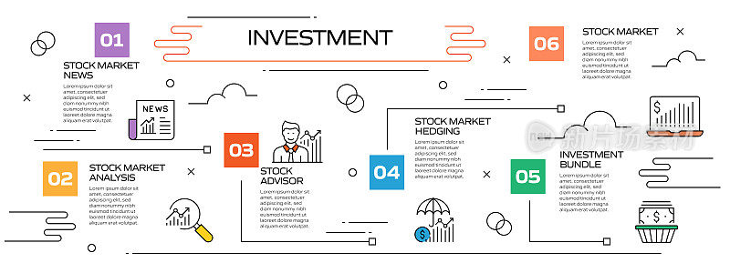 投资相关流程信息图模板。过程时间图。使用线性图标的工作流布局