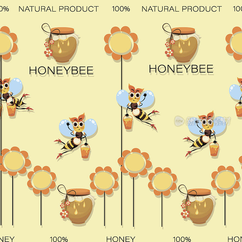 蜂蜜的背景。蜜蜂。一群蜜蜂采蜜。无缝模式与卡通人物