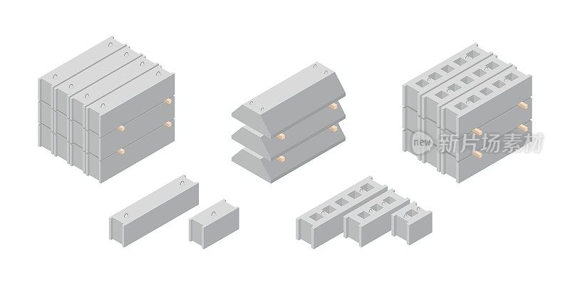 矢量插图水泥块孤立在白色背景。混凝土基础块图标在等距视图。预制混凝土砌块在平面风格。建筑材料。