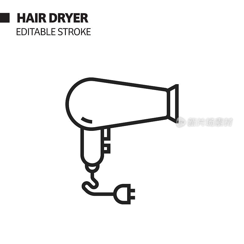 吹风机线图标,轮廓向量符号插图。