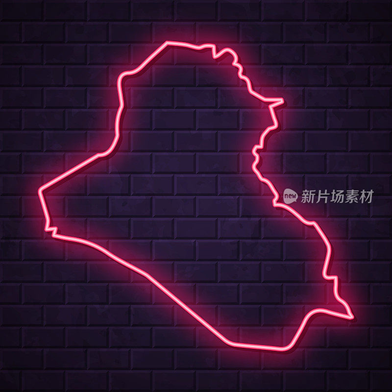 伊拉克地图-发光的霓虹灯在砖墙的背景