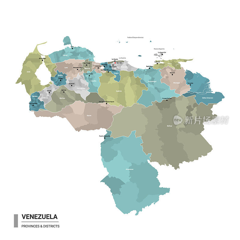 委内瑞拉高详细地图与细分。行政地图的委内瑞拉与地区和城市的名称，彩色的州和行政区。矢量插图。