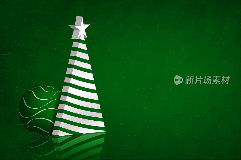 一棵立体的白色三角形条纹圣诞树，一个小装饰品和一颗星星在一个暗绿色的闪闪发光的圣诞背景上，星星在树的顶部