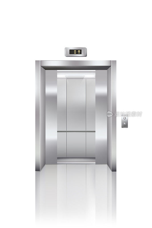 带有按钮和楼层指示灯的电梯门。电梯打开在酒店或办公楼矢量插图。真实的不锈钢走廊内部元素上的白色背景