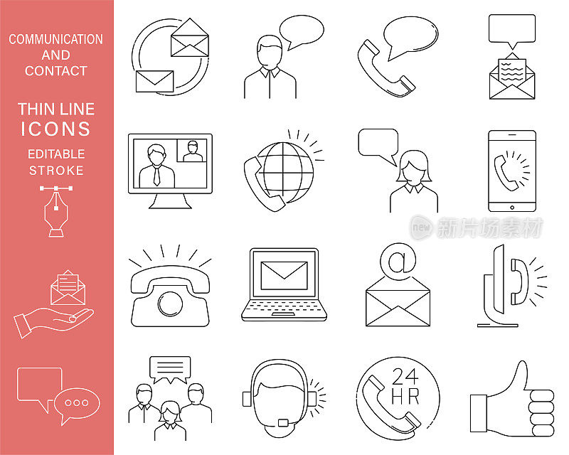-通信和接触细线图标与可编辑的笔触